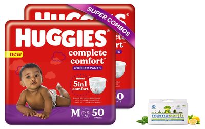 Huggies Wonder Pants, Medium Size Diapers (7-12 kg), Combo Pack of 2, 50 Counts Per Pack, 100 Counts & Mamaearth Natural Repellent Mosquito Patches For Babies with 12 Hour Protection,White,Pack of 1