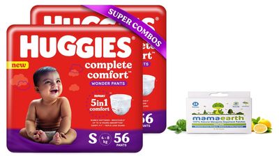 Huggies Complete Comfort Wonder Pants, Small (S) Combo Pack of 2, 56 count Per Pack, (112 count) & Mamaearth Natural Repellent Mosquito Patches For Babies with 12 Hour Protection,White,Pack of 1