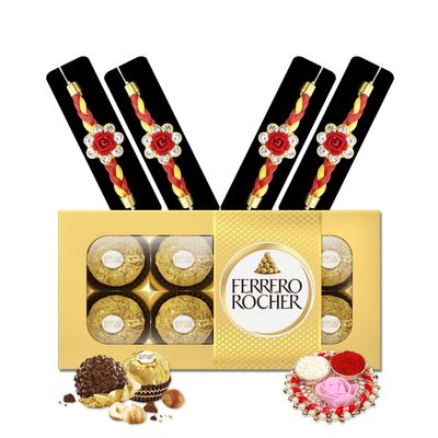 Saugat Traders Stone Rakhi Set of 4 for Brother with Chocolate | Mauli Rakhi with Roli Chawal for Beloved Bhaiya | Rakhi Combo Pack of 4