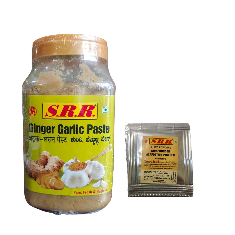 SRR GINGER GARLIC PASTE 2 KG PACK with Free Hing Powder. Contains No Xanthan Gum or Thickening Agent. Natural Thickness. No artificial colour or Flavours