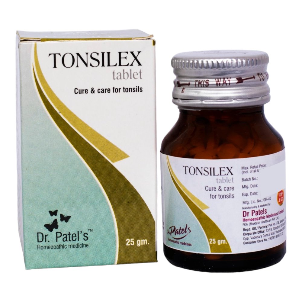 Dr Patel's Homeopathic Tonsilex Tablet | Get Relief From Tonsils & Swollen Issues | Helpful With Tonsillitis, Pharyngitis & Chronic Throat Trouble - 25Gm (Pack of 1)