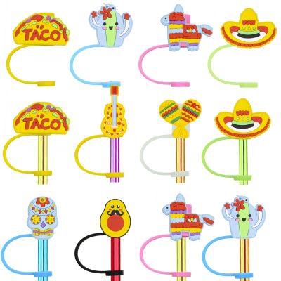16pcs Cinco De Mayo Fiesta Themed Reusable Food Grade Silicone Straw Sleeve Caps, Suitable for Party Favor Bags,Birthday Party, Friends Gathering,Dustproof Soft Straw Covers for 7-8mm Straws