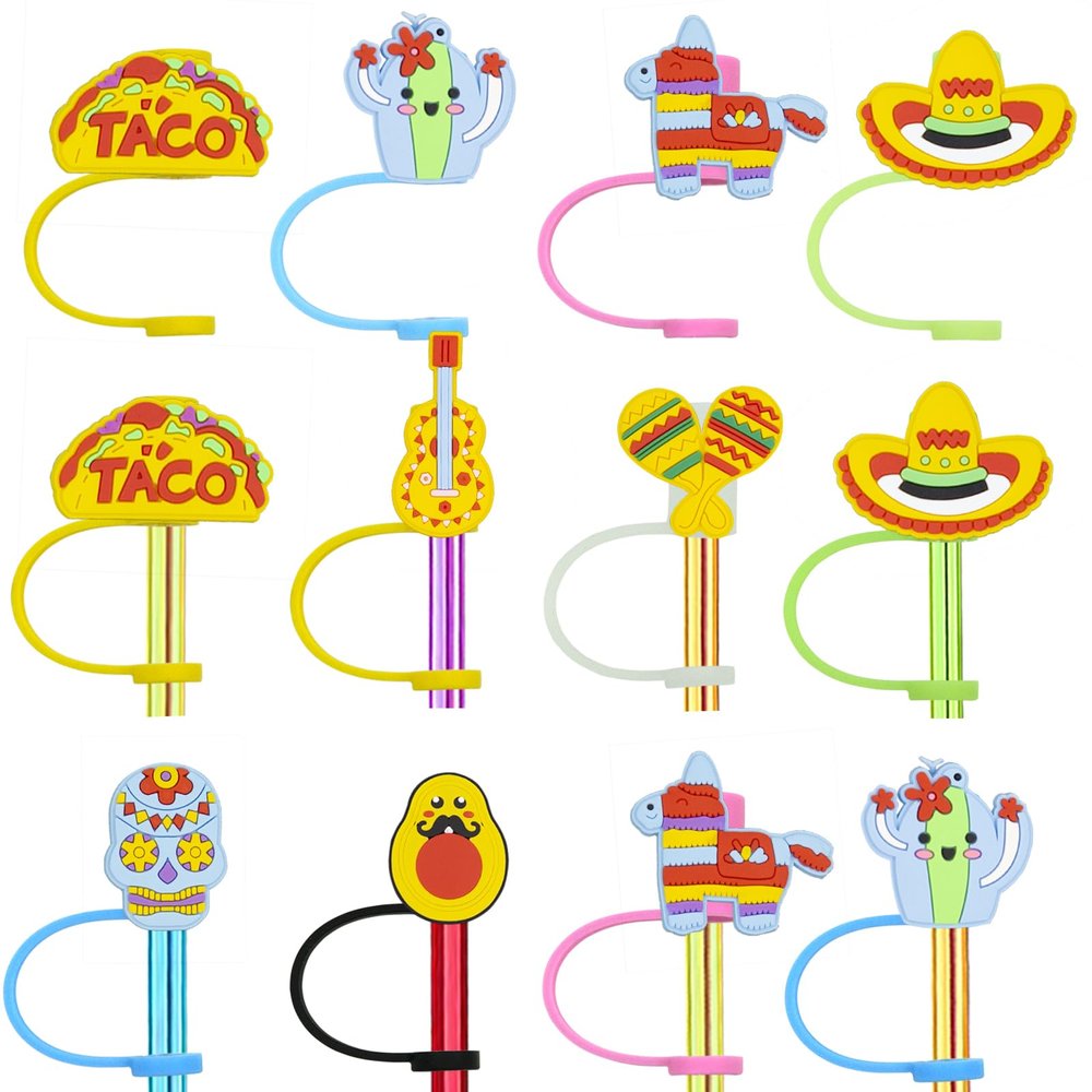 16pcs Cinco De Mayo Fiesta Themed Reusable Food Grade Silicone Straw Sleeve Caps, Suitable for Party Favor Bags,Birthday Party, Friends Gathering,Dustproof Soft Straw Covers for 7-8mm Straws