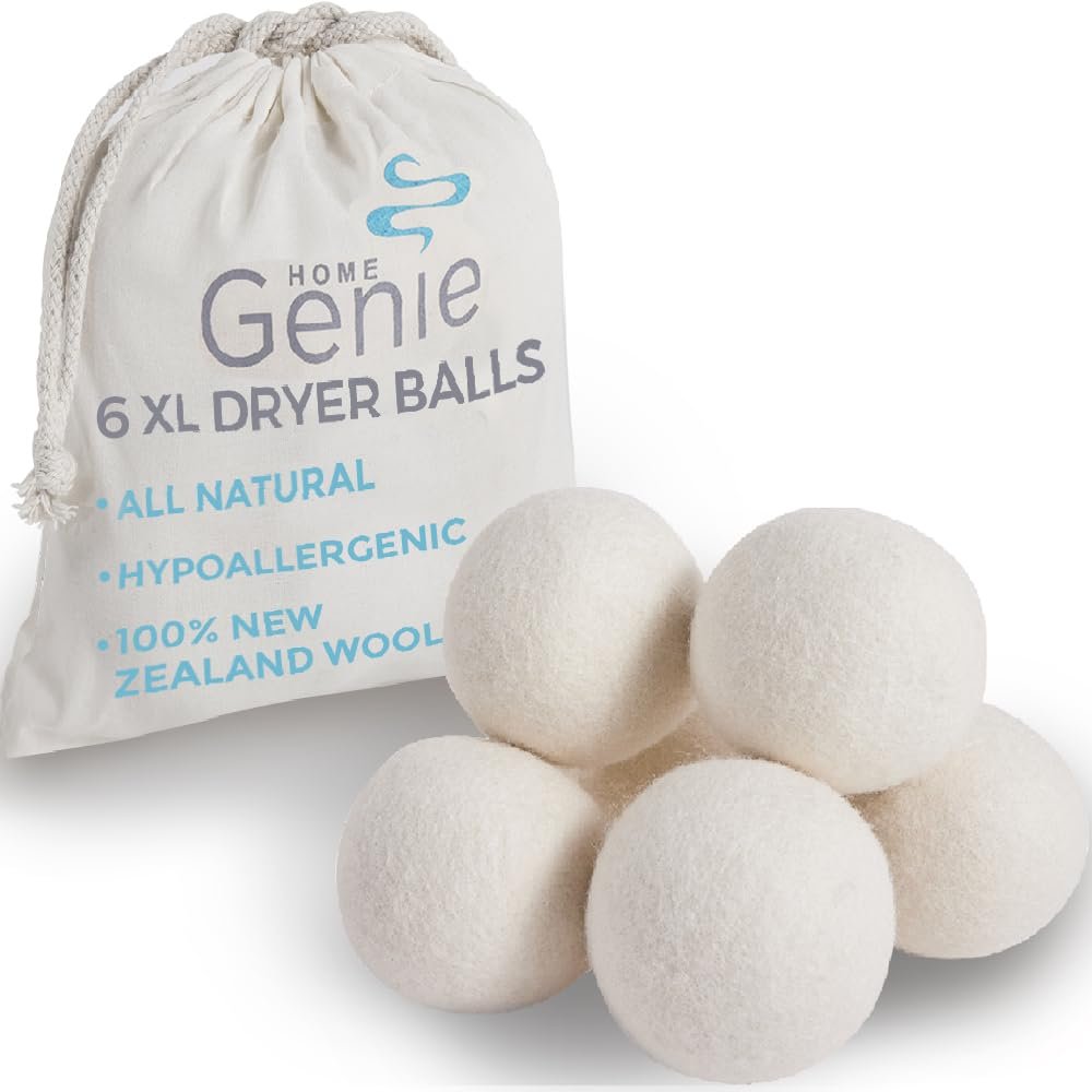 HOME GENIE 6 Pack XL 100% New Zealand Wool Dryer Balls, Reusable Over 400 Loads, Fast Drying and Helps Reduce Wrinkles, Anti Static Lint Pet Hair Natural Fabric Softener, Laundry Household Essentials