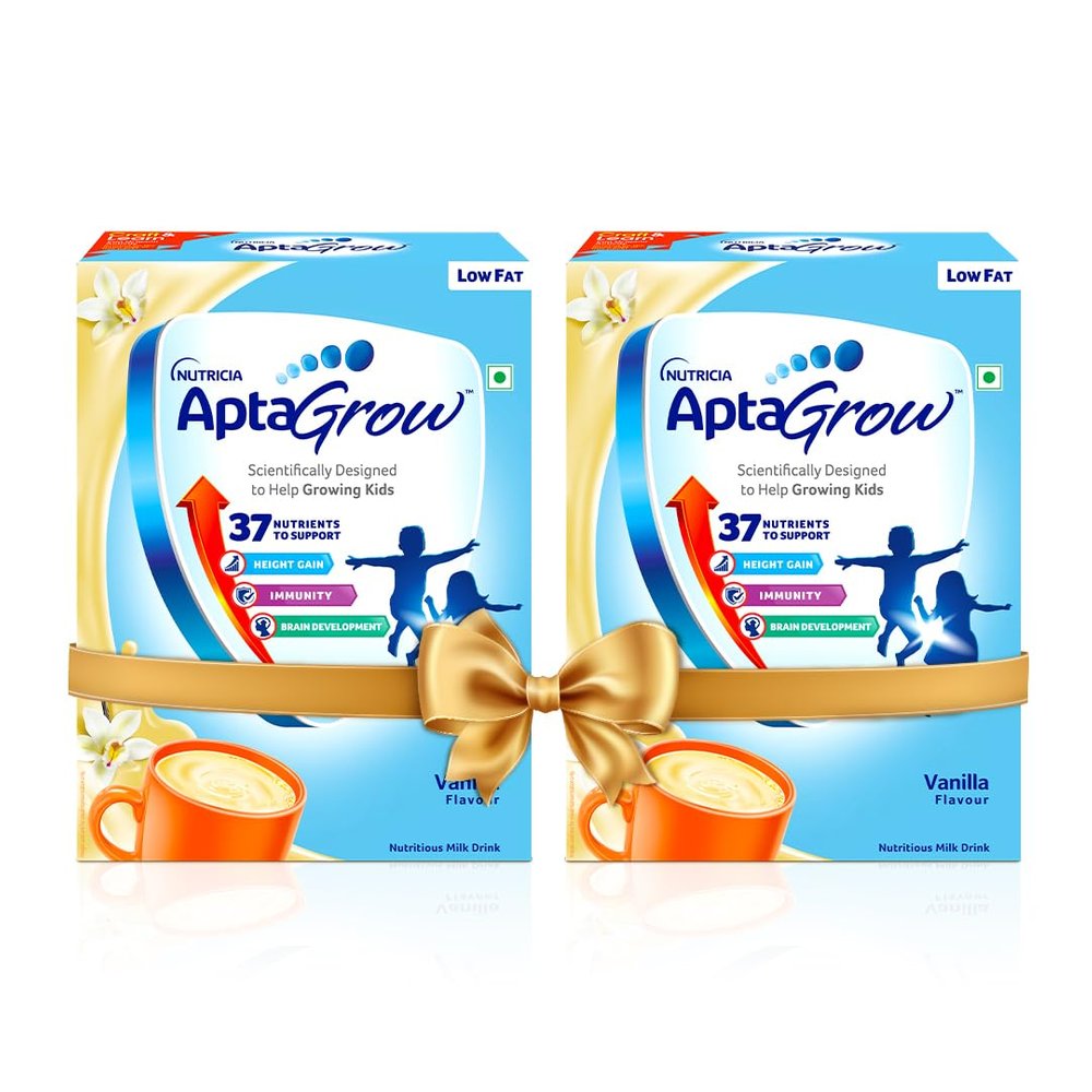 AptaGrow Milk Drink Powder for Kid s Height Gain, Immunity & Brain Development, Nutritious & Tasty Vanilla Flavor, 400g | 37 Nutrients | Prebiotics | Low Fat | Veg | Pack of 2