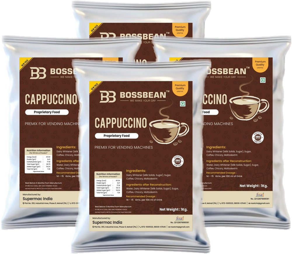 BOSSBEAN Instant Cappuccino Premix | Milk Not Required | Just Add Hot Water | Taste Better Than Home-Made | Manually and All Vending Machine Suitable | (Pack Of 4)