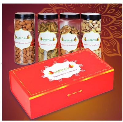 Ambrosia Dry Fruit Box, 830g - Premium Dryfruit Gift Hamper | Perfect Festive Gift for Loved ones | Gift Hamper |Almonds, Walnuts Kernels, Pista & Raisins