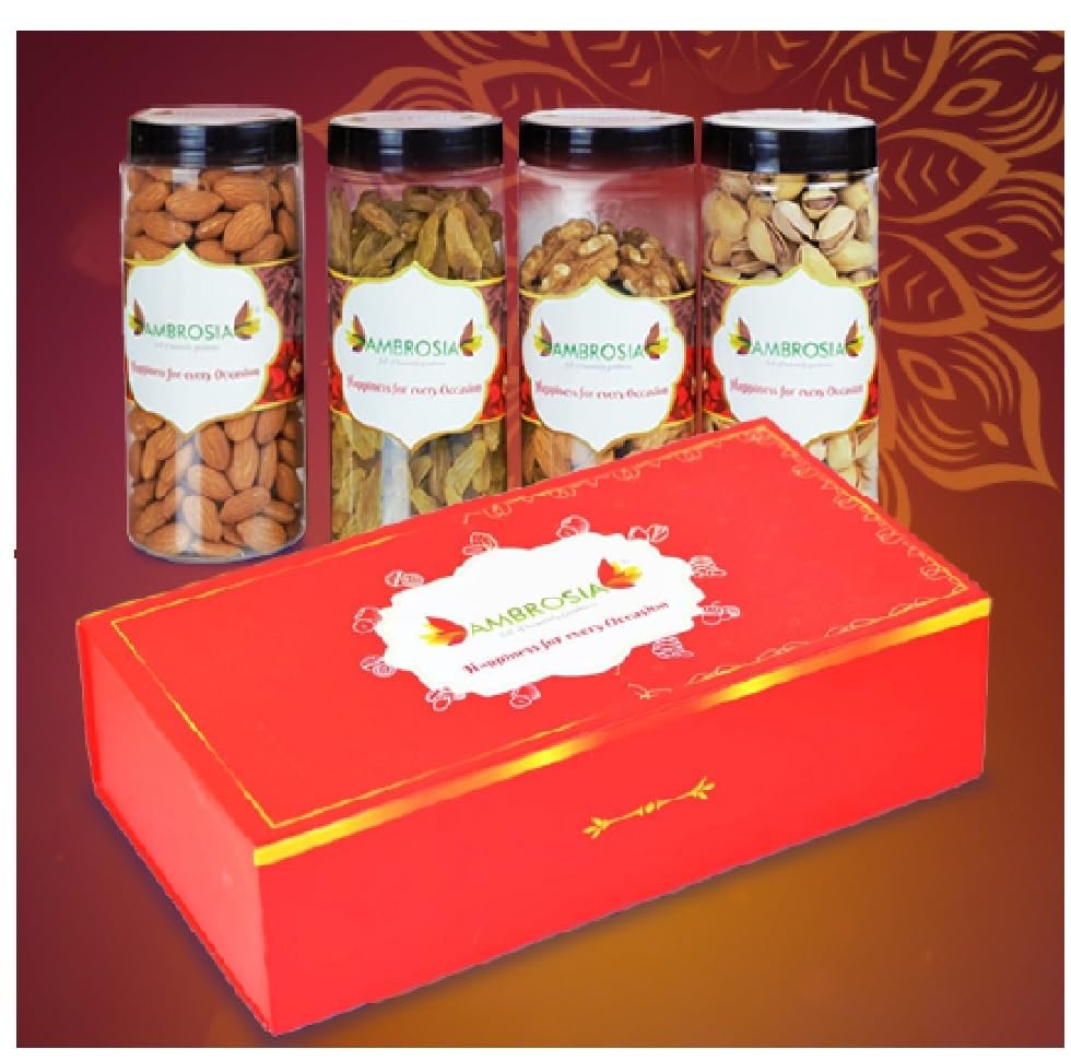 Ambrosia Dry Fruit Box, 830g - Premium Dryfruit Gift Hamper | Perfect Festive Gift for Loved ones | Gift Hamper |Almonds, Walnuts Kernels, Pista & Raisins