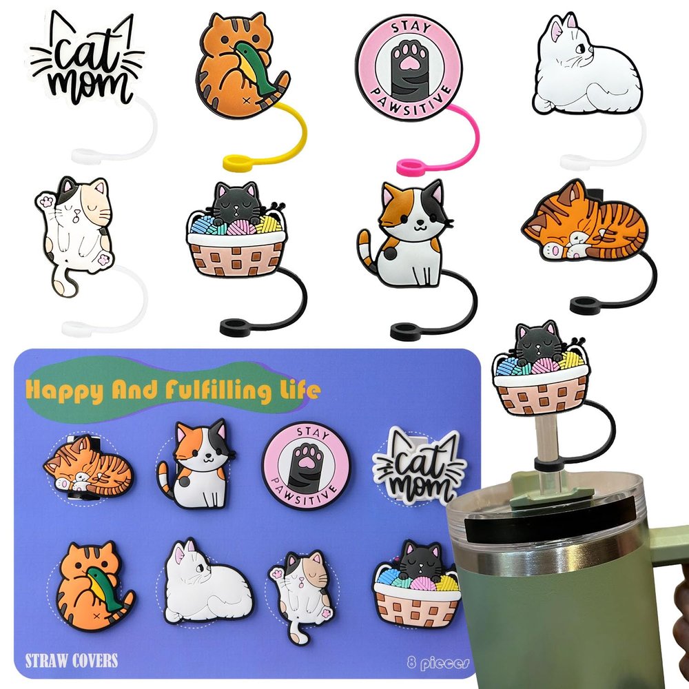 8pcs Straw Covers for Reusable Straws-Cute Cat Style-Drinking Straw Covers Cap-Silicone Straw Toppers for Tumblers,Stanley Cup Straw Cover,Straw Tip Covers,7-8mm Straws Compatible (X02)