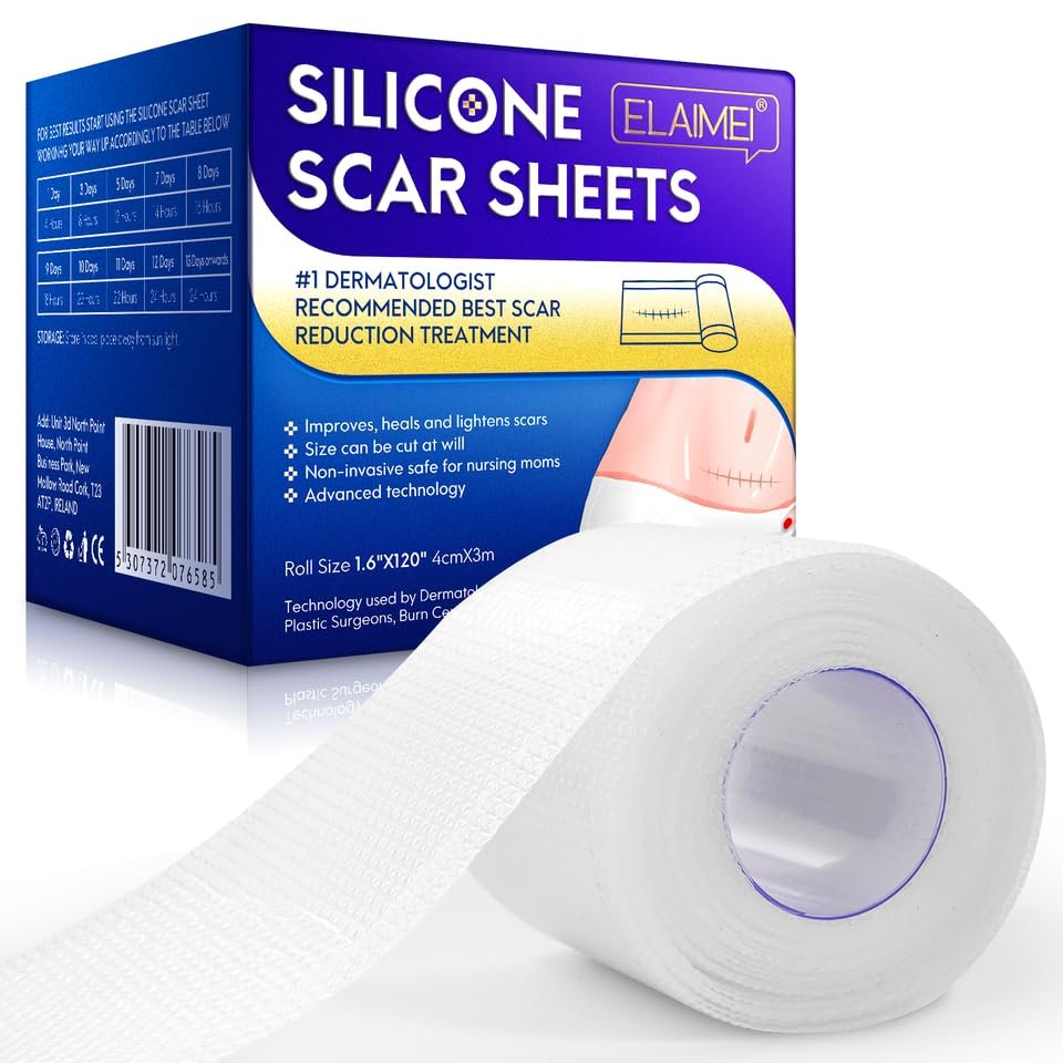 Boxania Elaimei Silicone Scar Sheets, Silicon gel sheet for Scars, Painless & Safe Scar Removal, Silicone Scar Tape Roll For Hypertrophic Scars and Keloids caused by surgery (1.6 x 120 Inch)