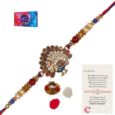 eCraftIndia,Dancing Peacock Rakhi with Cadbury Celebrations Gift Pack of 7 Assorted Chocolates and Roli Chawal Pack, Raksha Bandhan Greeting Card