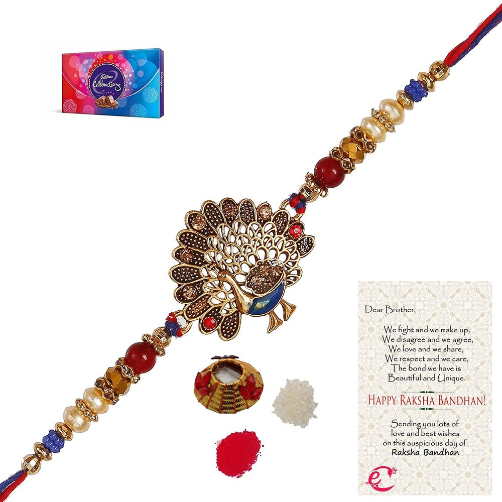 eCraftIndia,Dancing Peacock Rakhi with Cadbury Celebrations Gift Pack of 7 Assorted Chocolates and Roli Chawal Pack, Raksha Bandhan Greeting Card