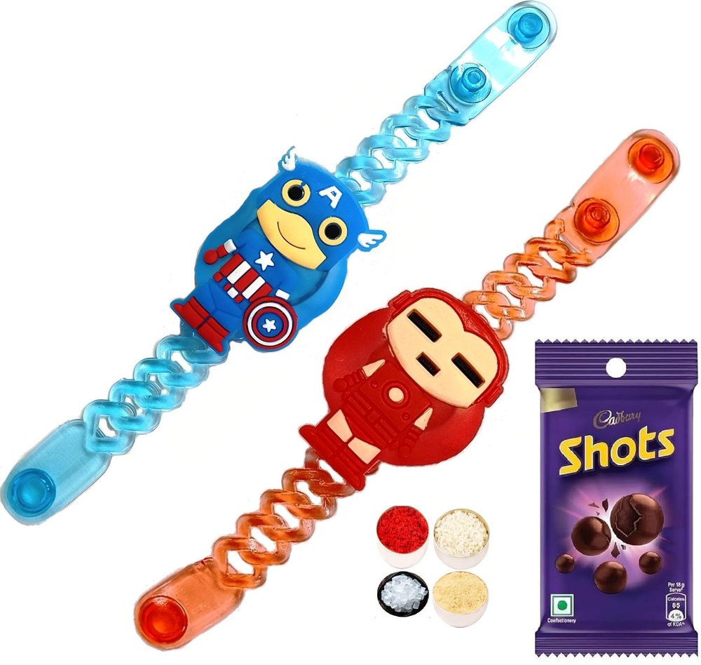 2 Kids Combo - Captain America, Ironman LED Light Rakhi, Chocolate Shots Pack & Roli Tikka for Small Bhai Bhaiya