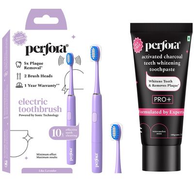 Perfora Electric Toothbrush 002 & Charcoal Toothpaste Combo | Sonic & Automatic Smart Power Toothbrush For Dental Hygiene | Vitamin Enriched Toothpaste For Complete Care | Set of 2 |Lilac Lavender