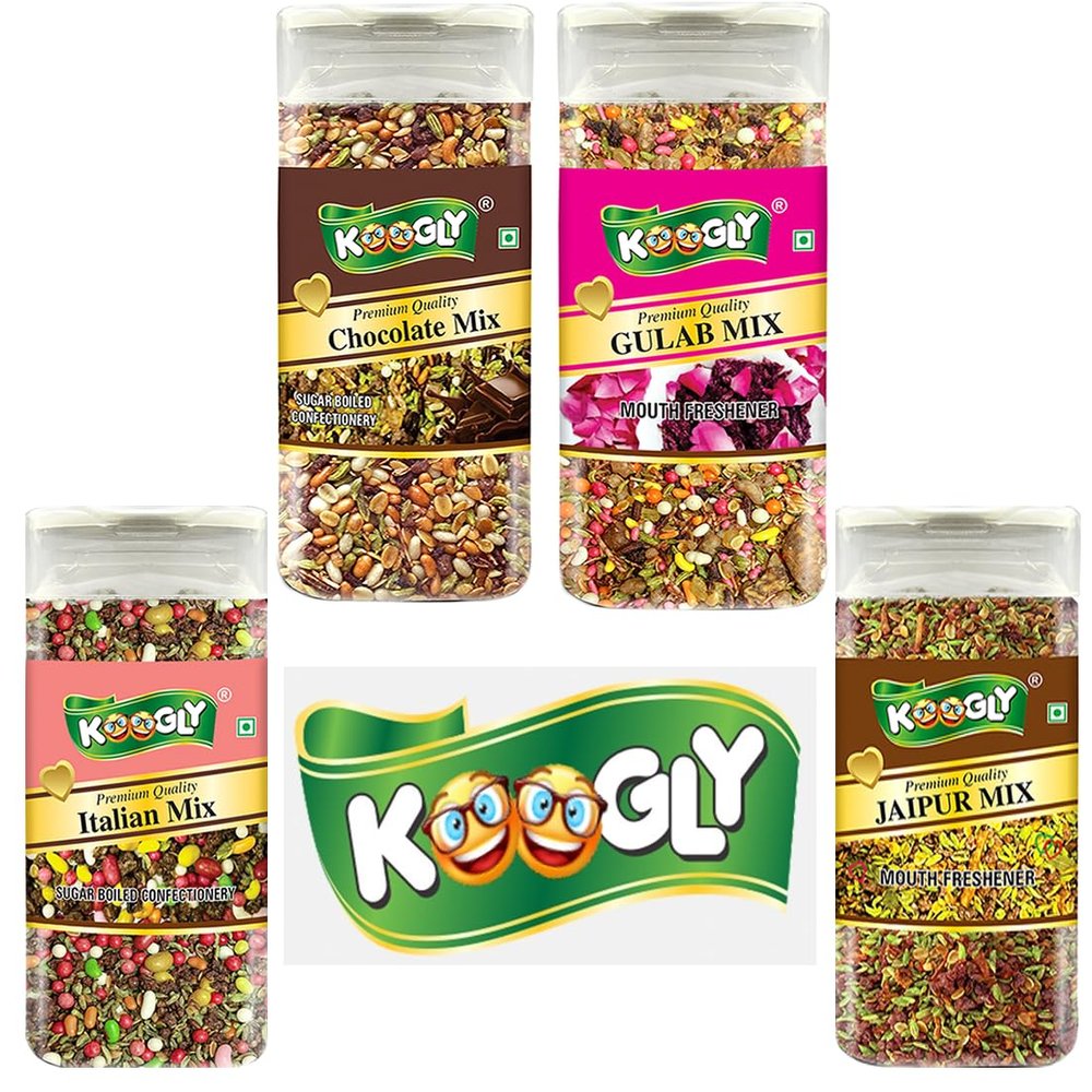 KOOGLY ITALIAN MIX + CHOCOLET MIX + GULAB MIX + JAIPUR MIX - HEALTHY DIGESTIVE | Sweet Saunf Mouth Freshener, After Meal and Drink Mukhwas Mouth Freshener - Easy to Store