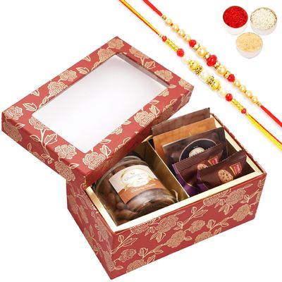 Ghasitaram Gifts Jaiccha Rakhi Gifts for Brothers - Red Printed 2 Part Fancy Box with Chocolate Almonds with 2 Rakhis