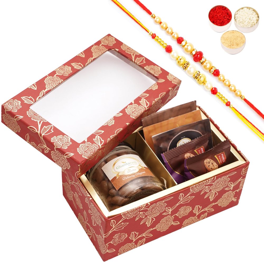 Ghasitaram Gifts Jaiccha Rakhi Gifts for Brothers - Red Printed 2 Part Fancy Box with Chocolate Almonds with 2 Rakhis