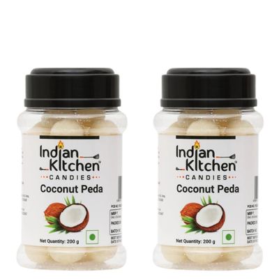 Indian Kitchen Coconut Peda 200g (Pack of 2) | Delicious Nariyal Meethai & Peda | Soft & Chewy Coconut Toffee | Made with Real Coconut | Authentic Indian Sweet