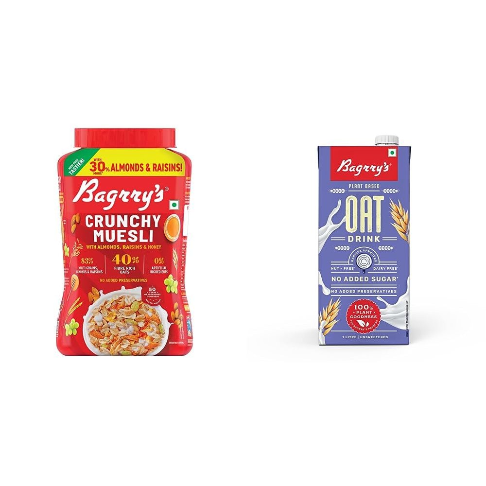 Bagrry's Crunchy Muesli 1kg Jar & Bagrrys Plant based Oat Drink 1l, Creamy Classic, Unsweetned |Vegan | Gluten free| Dairy Free |No Added Sugar | Plant based milk | No Preservatives | Breakfast Cereal