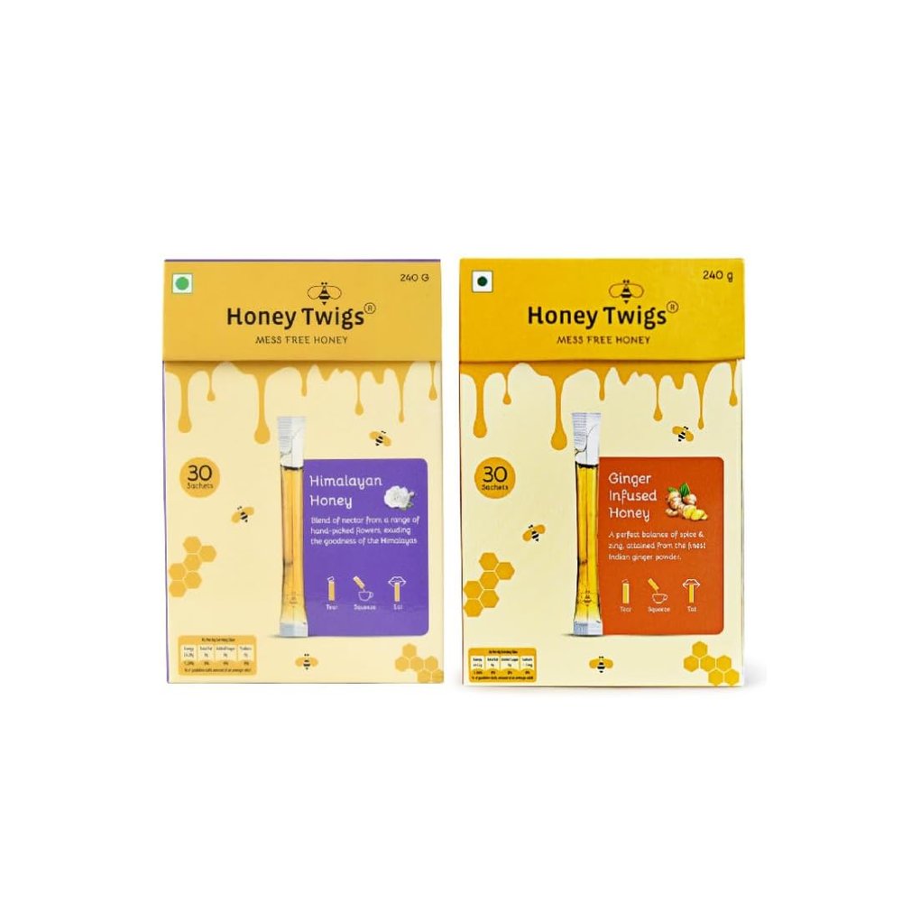 Honey Twigs Honey Himalayan Multi Floral Honey and Ginger, 480g(240g + 240g - 60 Twigs) | Infused with Healthy Ingredients | No Added Color | No Preservatives