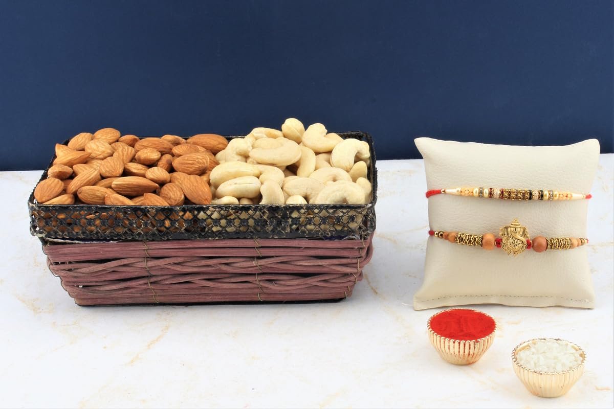 SFU E Com Set Of 2 Rakhi With Dry Fruit Hamper For Rakshabandhan Gift | Dry Fruit And Rakhi For Brother | Dry Fruit Basket Hamper | 15