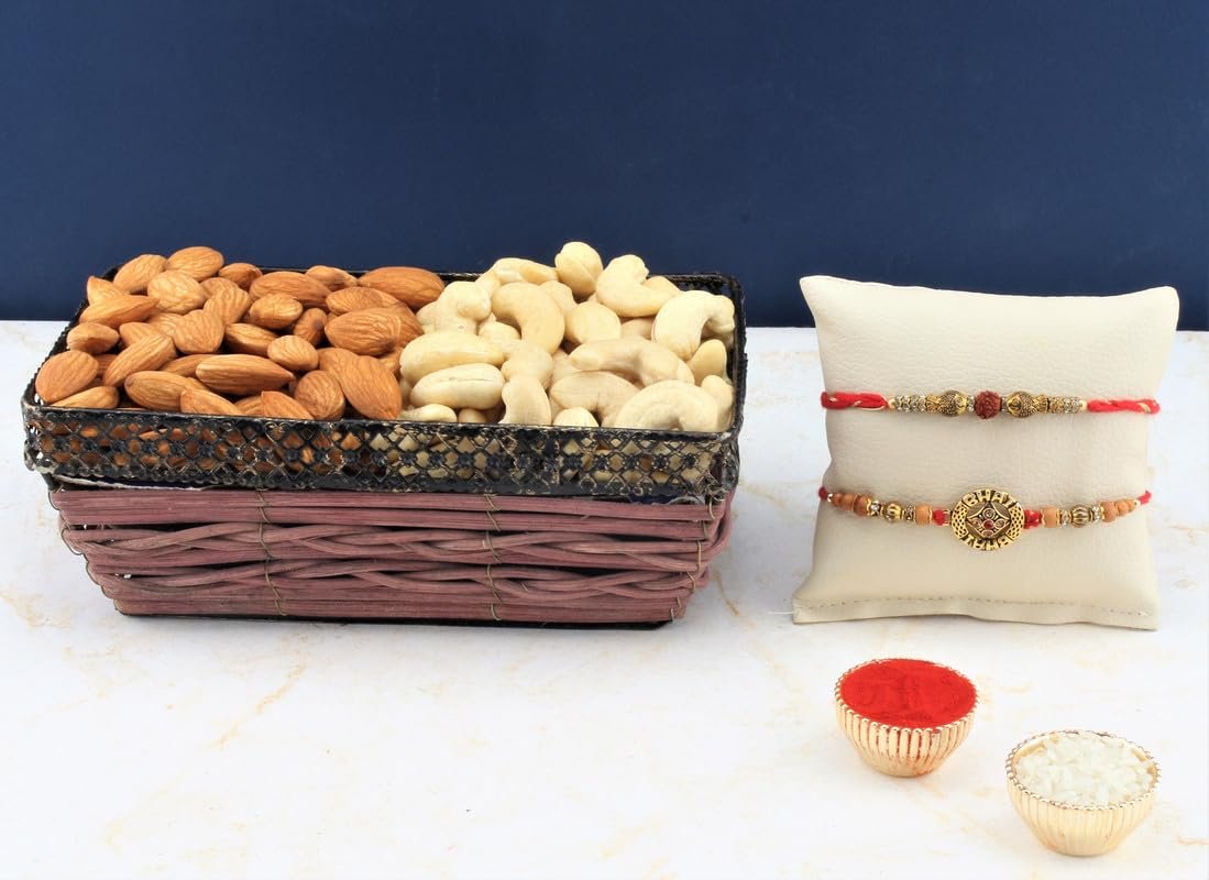 SFU E Com Set Of 2 Rakhi With Dry Fruit Hamper For Rakshabandhan Gift | Dry Fruit And Rakhi For Brother | Dry Fruit Basket Hamper | 18