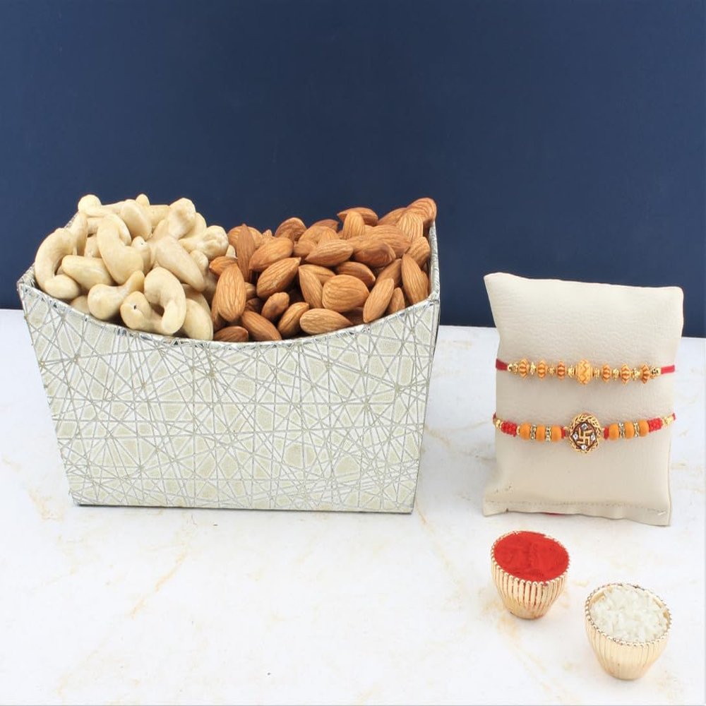 SFU E Com Set Of 2 Rakhi With Dry Fruit Hamper For Rakshabandhan Gift | Dry Fruit And Rakhi For Brother | Dry Fruit Basket Hamper | 114