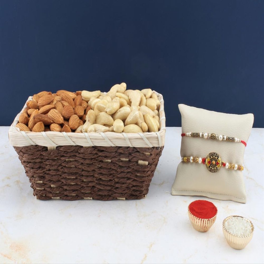 SFU E Com Set Of 2 Rakhi With Dry Fruit Hamper For Rakshabandhan Gift | Dry Fruit And Rakhi For Brother | Dry Fruit Basket Hamper | 77