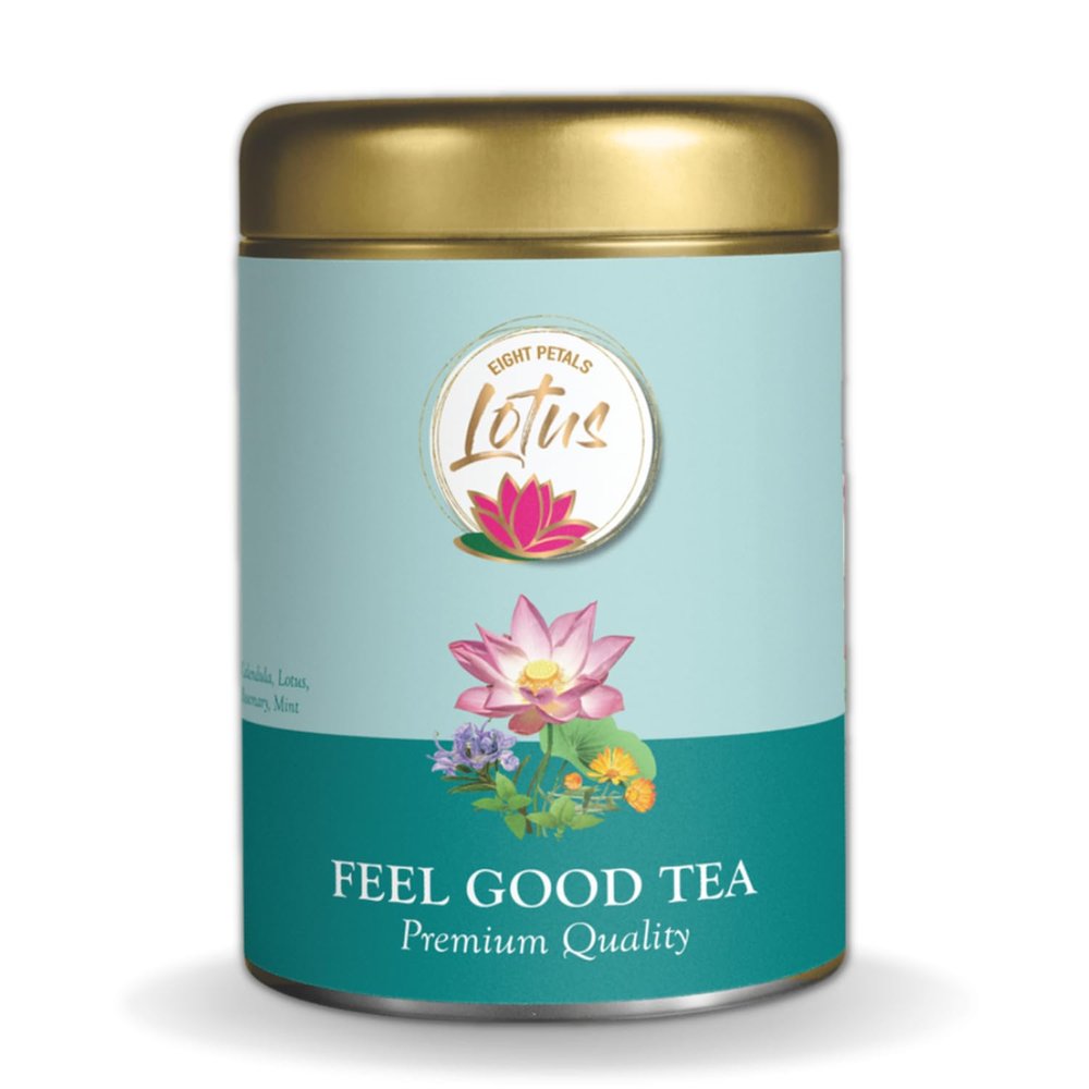 Eight Petals Lotus Feel Good Herbal Tea | Calm the mind | Enriched With Rosemary, Mint | Gluten Free | No Chemical | Caffeine Free | 100% Natural | 50g Tin