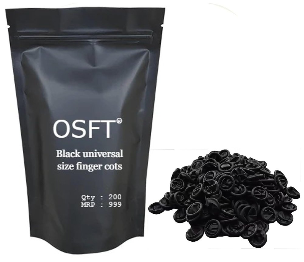 OSFT 3 Different Coloured Latex Finger Cots Disposable Fingertips Protective Finger Cots for Electronic Repair, Handmade, Industrial Apply Anti Static powder free. (Black, 200)