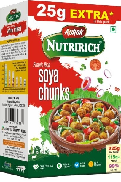 ASHOK NUTRIRICH Soya Chunks (200g +25g extra) 115g+Protein | 99% Fat Free |Cholesterol Free | Vegan Friendly | High Fiber (Soya Chunks 225g Pack of 1)