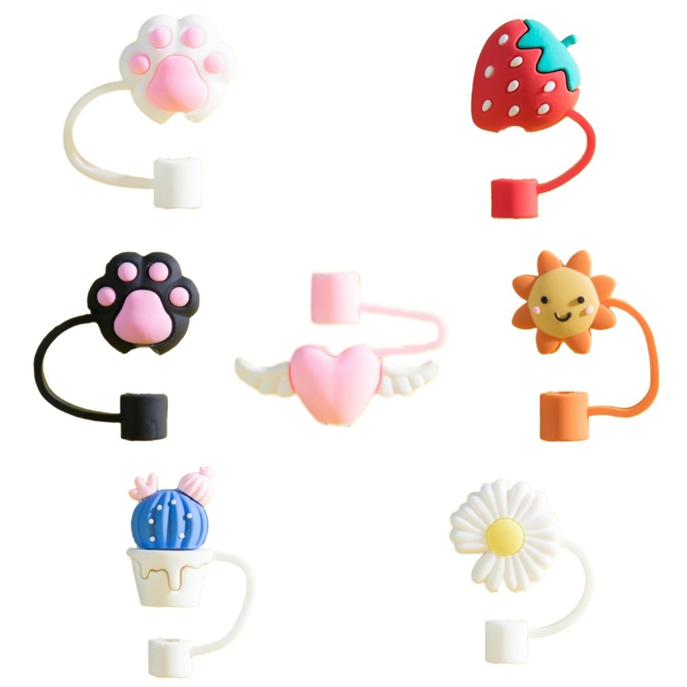 7 PCS Straw Tips Covers Lovely Shape Reusable Silicone Straw Tip Toppers for 6-7 mm Straws,Soft Protector Dust-Proof Straw Cover Caps Plugs
