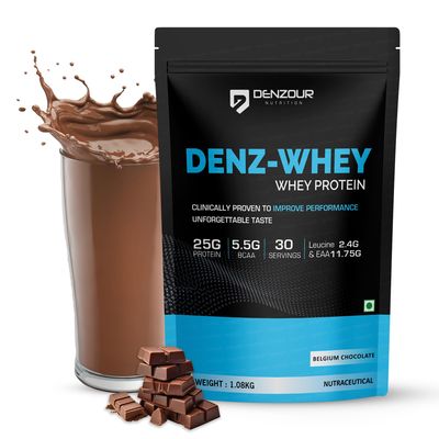 DENZOUR NUTRITION Denz Whey Protein Powder | 25g Protein + 5.5g BCAA | Belgium Chocolate Flavour | Fast Digesting & Lab Tested | Muscle Recovery & Strength | 1.08kg | 30 Servings