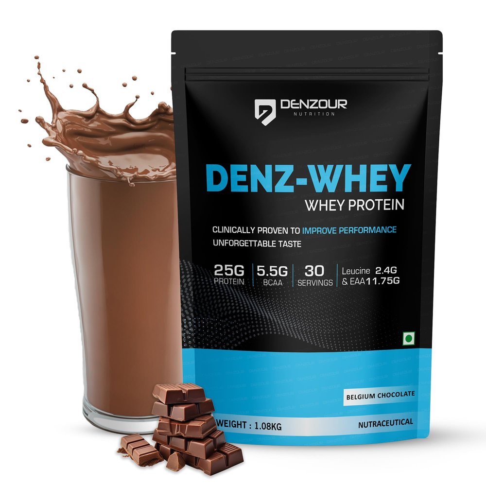 DENZOUR NUTRITION Denz Whey Protein Powder | 25g Protein + 5.5g BCAA | Belgium Chocolate Flavour | Fast Digesting & Lab Tested | Muscle Recovery & Strength | 1.08kg | 30 Servings