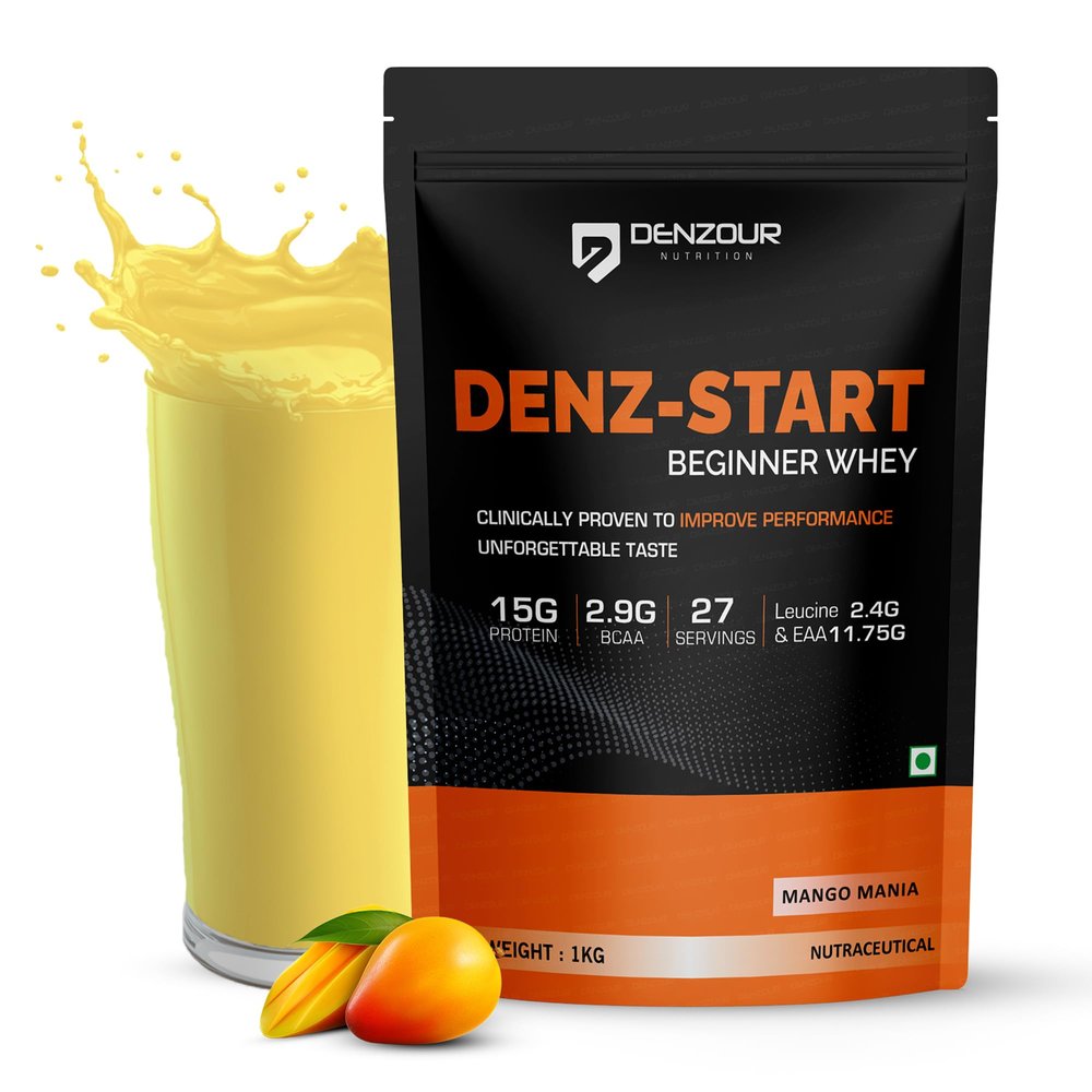 DENZOUR NUTRITION Denz-Start Beginner's Whey Protein Powder, Faster Muscle Recovery & Increases Body Strength Protein Powder for Men & Women- Mango Mania Flavour, 1Kg/2.2lb (27 Servings)