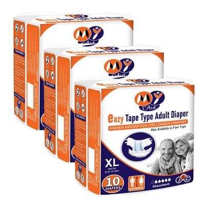 MYAID Unisex Easy Adult Diaper X-Large Size Tape Style with odour lock, Unisex,Higher Absorption & Longer Comfort,Secure Fit,Anti-Bacterial,Skin Friendly,Easy to Use (XL-Size,30 Counts, Pack of 3)