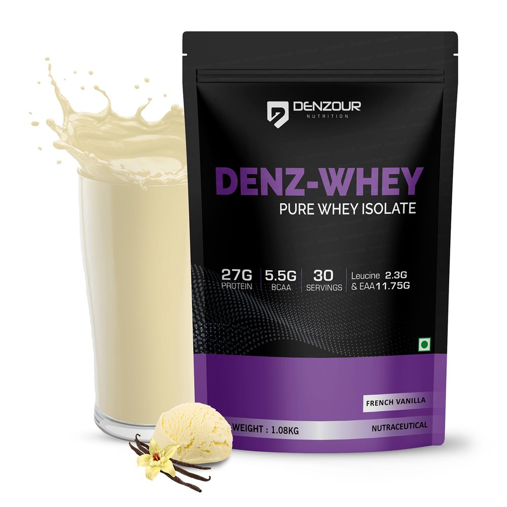 DENZOUR NUTRITION Denz-Whey Isolate Protein Powder 27g Protein, 5.5g BCAA | Fast Absorbing & Easy Digestion | Lab Tested | Supports Muscle Recovery & Strength | French Vanilla | 1.08kg, 30 Servings