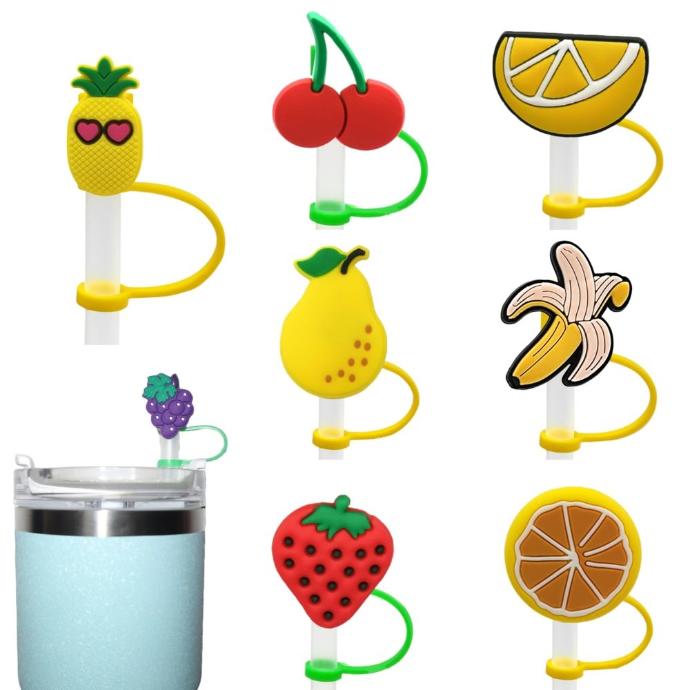 8 PCS Cute Fruits Straw Tips Covers,Reusable Silicone Straw Tip Toppers for 7-8 mm,Dust-proof Straw Covers Cap Plugs,Anti-dust Straw Cover Cap