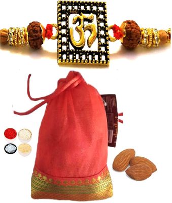 OM Rakhi for Brother, 100gm Badam Potli with Personal Message & Roli Chandan Chawal Mishri Pack for Bhai Bhaiya