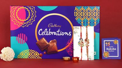 Cadbury Pack of 2 Rakhi Peacock Rakhi and Bro Rakhi with a box of Celebrations Chocolates for Brother, Rakhi for brother with chocolate Gifts Combo Set, Cadbury Rakshabandhan Brother