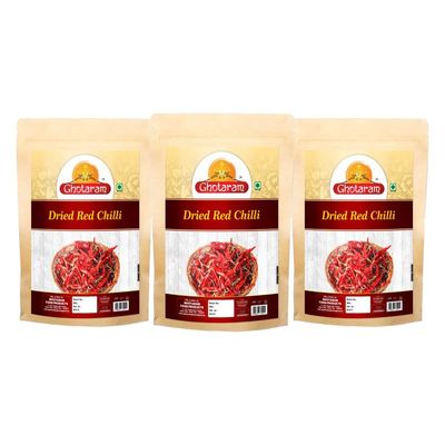 Ghotaram Patna Red Chilli (Lal Mirch) Whole Red Chili | Sun Dried Red Chillies | SABUT LAL MIRCH | Whole Red Chilli/Chilly | Teja Superfine | Dry Red Chilli Mirchi-150Gx3Pk