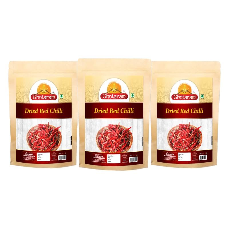 Ghotaram Patna Red Chilli (Lal Mirch) Whole Red Chili | Sun Dried Red Chillies | SABUT LAL MIRCH | Whole Red Chilli/Chilly | Teja Superfine | Dry Red Chilli Mirchi-150Gx3Pk