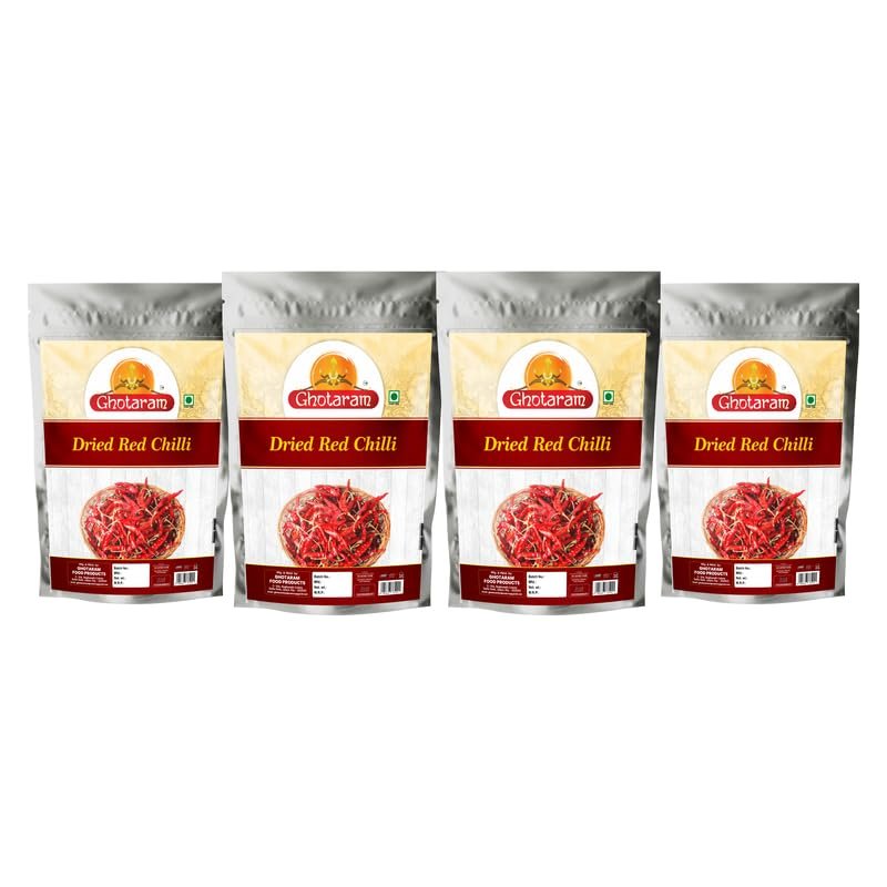 Ghotaram Andhra Red Chilli | Dry Lal Mirch/Red Chillie/Spicey Hot Whole Red Chili | Tikha Lal | Teja Mircha | Sabut Lal MIRCHI/Mirch | Sun Cooked Handpicked Laal Mirch-80Gx4Pk