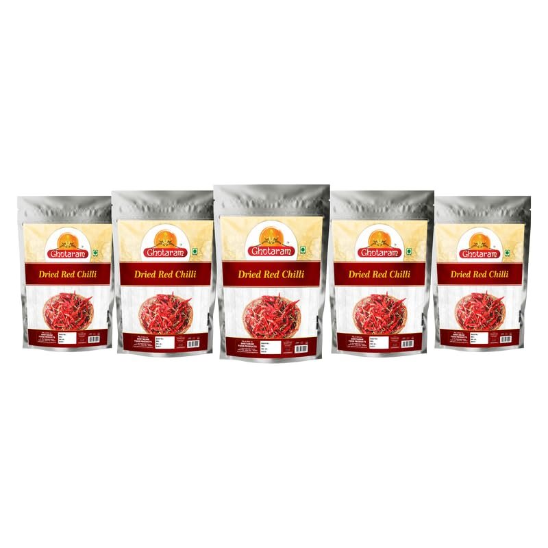 Ghotaram Andhra Red Chilli | Dry Lal Mirch/Red Chillie/Spicey Hot Whole Red Chili | Tikha Lal | Teja Mircha | Sabut Lal MIRCHI/Mirch | Sun Cooked Handpicked Laal Mirch-80Gx5Pk