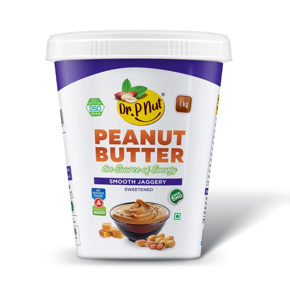 Dr. P Nut Peanut Butter Smooth Jaggery Spread 1kg | 30g Protein | Vegan | Tasty & Healthy Nut Butter Spread for Breakfast & Snacks | Cholesterol Free | Zero Trans Fat | Creamy Peanut Butter