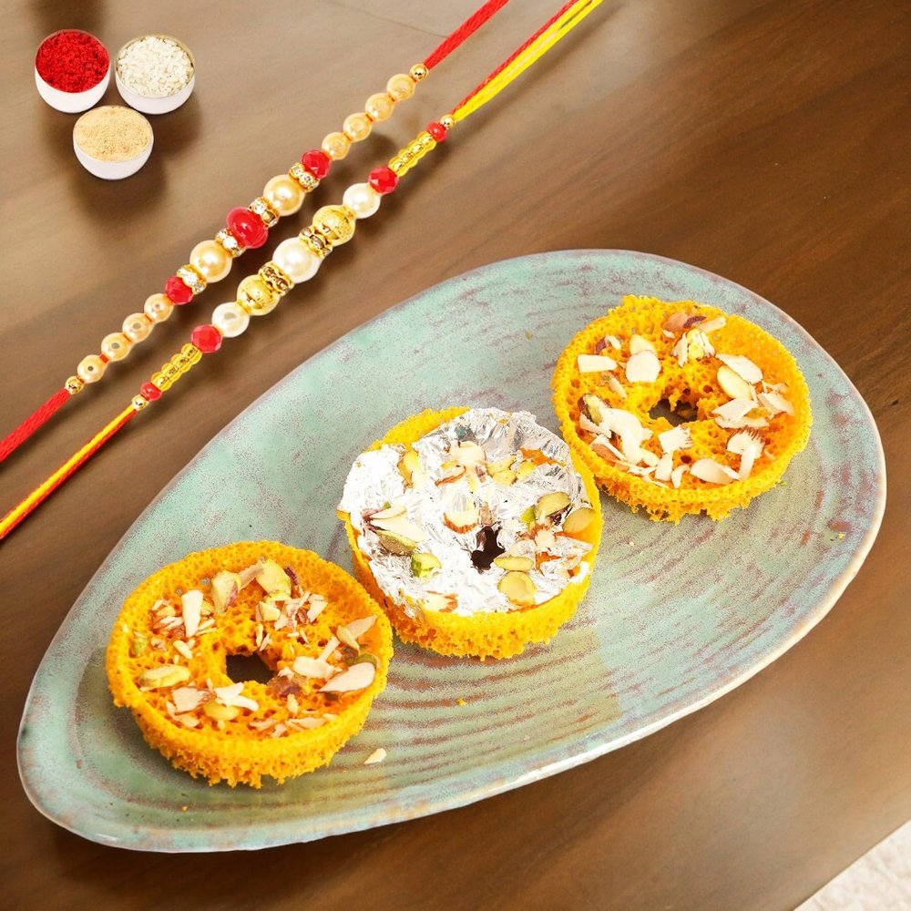 Ghasitaram Gifts Jaiccha Rakhi Gifts for Brothers - Mini Ghevar (Pack of 6) with 2 Rakhis