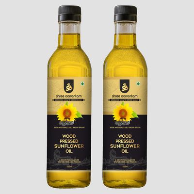 Shree Aanantam Wood Pressed Sunflower Oil - 500ml x 2 | Plastic Bottle | Kolhu/Chekku | Natural | Chemical-Free | Cold Pressed Sunflower Oil for Cooking - 500ml (Pack of 2)