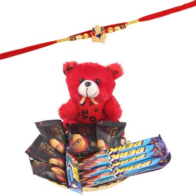 SFU E Com Dark Fantasy Loaded With Designer Tray And Cute Teddy Bear | Rakhi Chocolate for Brother | Elephant Pearl Rakhi With Chocolates | Roli, Chawal, Chandan, Misri | 1118