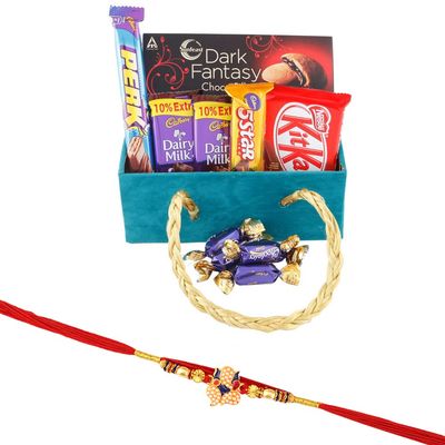 SFU E Com Premium Chocolate Celebration With Delcious Dark Fantasy | Rakhi Chocolate for Brother | Elephant Pearl Rakhi With Chocolates | Roli, Chawal, Chandan, Misri | 209