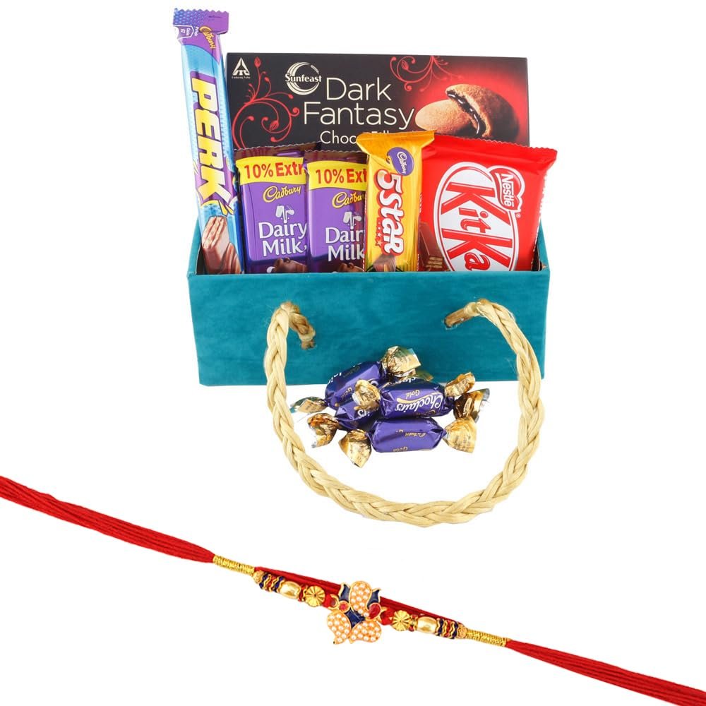 SFU E Com Premium Chocolate Celebration With Delcious Dark Fantasy | Rakhi Chocolate for Brother | Elephant Pearl Rakhi With Chocolates | Roli, Chawal, Chandan, Misri | 209